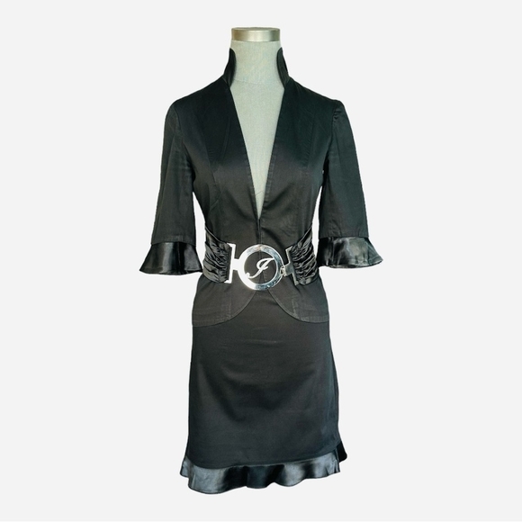 Intuition Black Ruffled Blazer Skirt Suit Belted Rhinestone Trim Size 10 - Picture 4 of 7